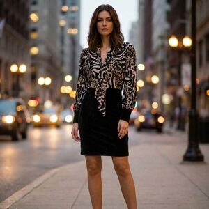 Vintage Julian Chang Multi Animal Print V Neck Long Sleeve Tunic Dress